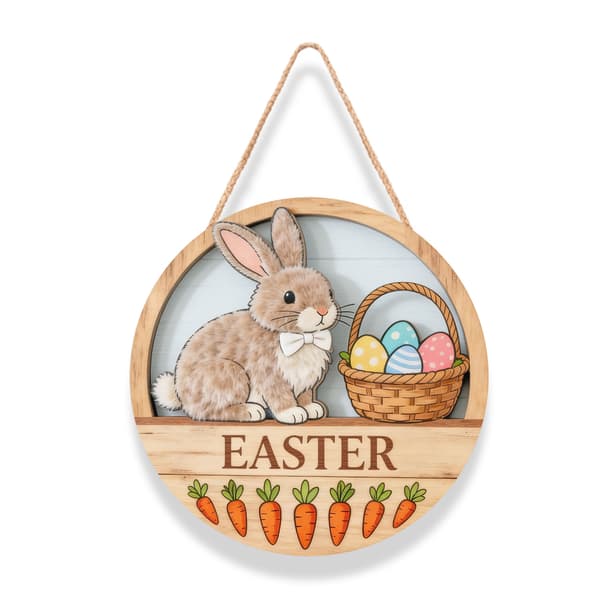 1-pack 30*30*0,5 cm påskrund dörrskylt i trä med kanin- och äggdesign