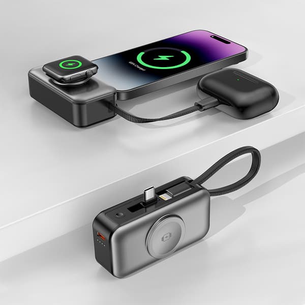5000mAh snabbladdande 3-i-1 magnetisk trådlös powerbank stöder klockor, hörlurar och mobiltelefoner.