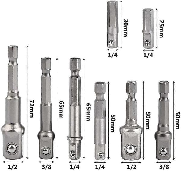 Topadapter, sæt med 8 dele, 1/4 tomme sekskantadapter, til 1/4 \", 3/8\", 1/2