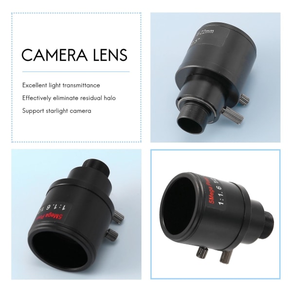 CCTV-objektiv 1/2,5 tommer 6-22 mm 5MP M12-montering varifokalt objektiv F1.6 Til 4MP/5MP CMOS/CCD-sensorsikkerhed