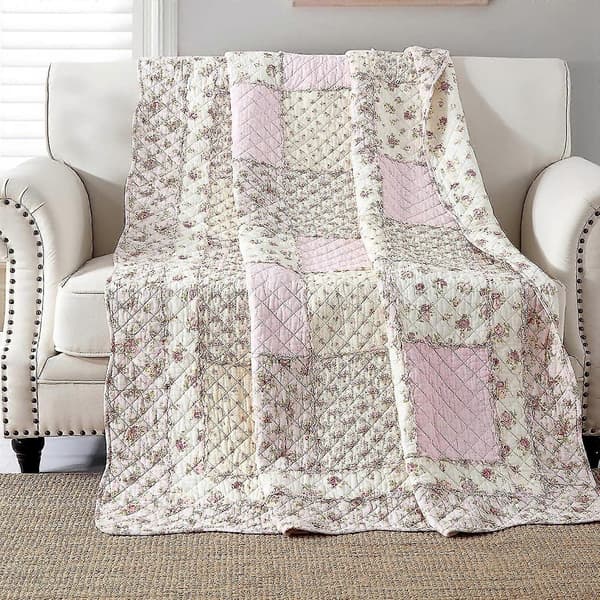 Patchwork sengetæppe til enkeltseng, bomulds patchwork tæppe, pink til piger, quiltet sofaoverkast, sengeoverkast, 150 x 200 cm med blomstermønster