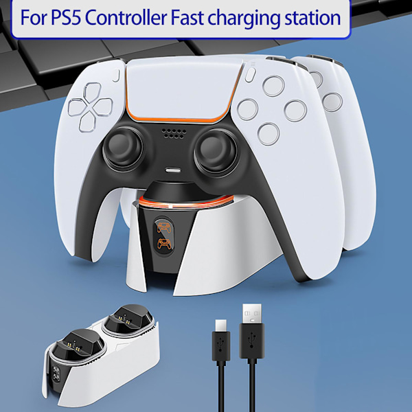 Gamepad-ladestasjon med høy effektivitet, Plug and Play, dobbel plass, omgivende pustelys, dobbel base, ladestativ for PS5-kontroller