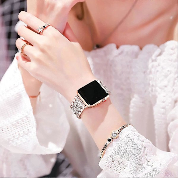 Ranneke ja Apple Watch -ranneke iWatch Series 7/6/5/4/3/2/1 Metalli Yhteensopiva Kolme Helmiä Timantti Ranneke ---Rose Gold 42/44/45mm