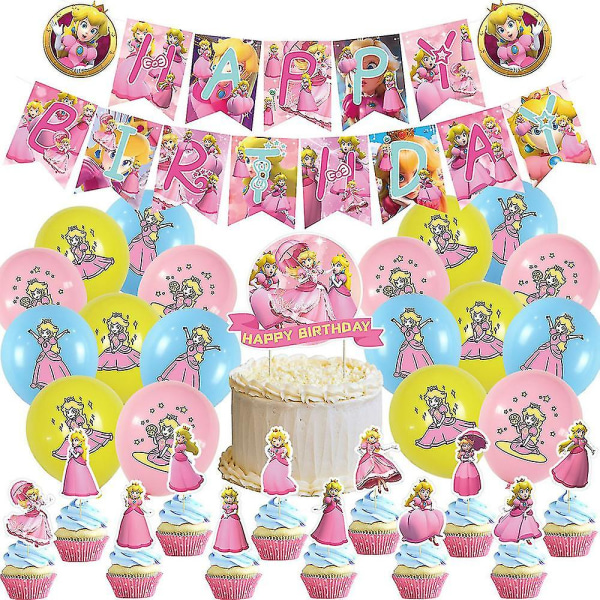 Princess Peach födelsedagsfest dekoration och set för flickor inkluderar grattis på födelsedagen banner, tårta/cupcake topper, ballong