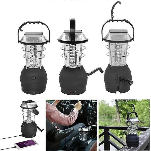 Camping Lanterner Led Solcellelampe Håndsveiv Dynamo Vanntett Bærbar Nødlys Svart