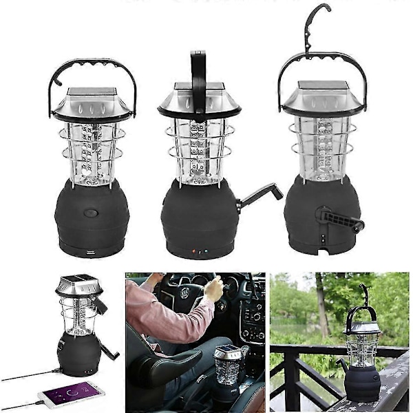 Camping Lanterner Led Solcellelampe Håndsving Dynamo Vandafvisende Bærbar Nødlys Sort