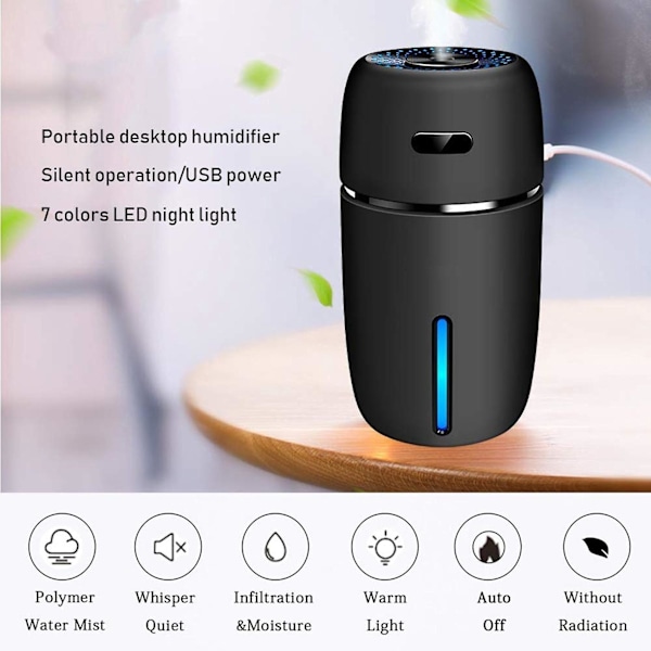 USB-bilfuktare 200 ml Mini bärbar luftfuktare med 7 färger LED nattlampa Tyst justerbar Mi