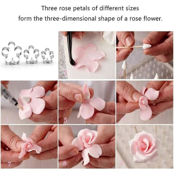 Rosebladform Kakeutstikkersett i Rustfritt Stål, 3 stk Roseblomstform DIY Kjeks Bakverk Fondantform Kakedekorasjon