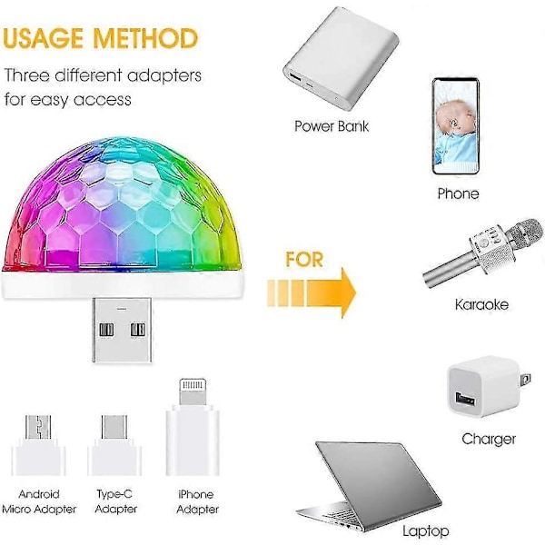 USB Mini Diskotek Lampe, 3 poser, festlampe, kugle lydaktiveret jul