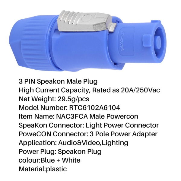 10 stk/pakke Nac3fca Speakon Plugg 3-polet Hann Powercon Kontakt 20a 250v AC Strømplugg Kontakt Blå