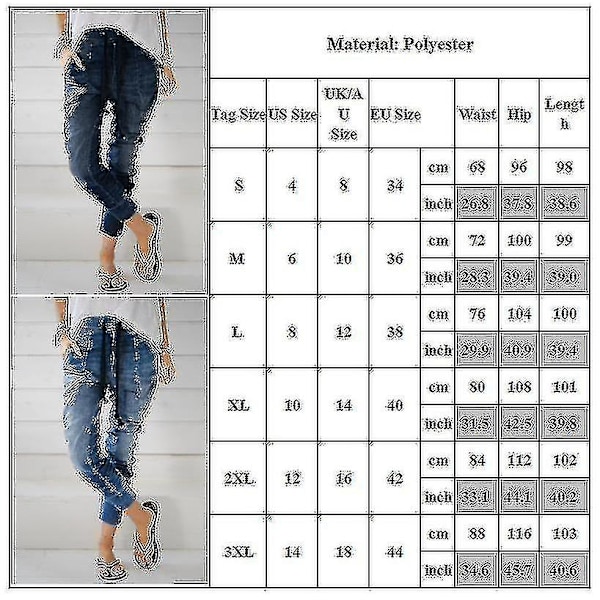 Dame Elastisk Talje Drop Crotch Jeans Harem Bukser Snøre Denim Lange Bukser