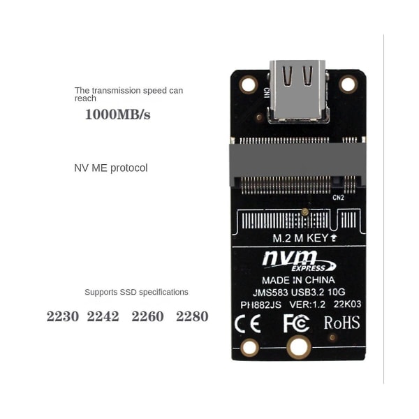 Type-C til M.2 Adapter Nvme SSD Adapter Nvme Kabinett M.2 til USB 3.2 Type-C Støtter M.2 SSD 2230 22