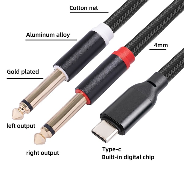 USB C til dobbelt 6,35 mm lyd stereokabel Type C til dobbelt 6,35 mm lydledning til smartphone multimediehøjttalere, 3,3 fod/1 m