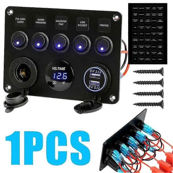 Vanntett Marine Båt LED 5 Vippebryter USB Voltmeter Strømuttak Panel