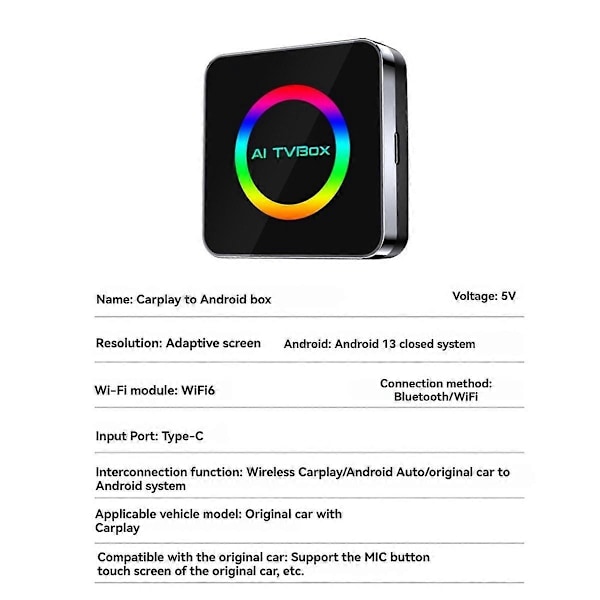 Android 13 Ai TVBox Ai Box Carplay WIFI6 2G+16G Trådlös Carplay/Android Auto Carplay till Android Ai