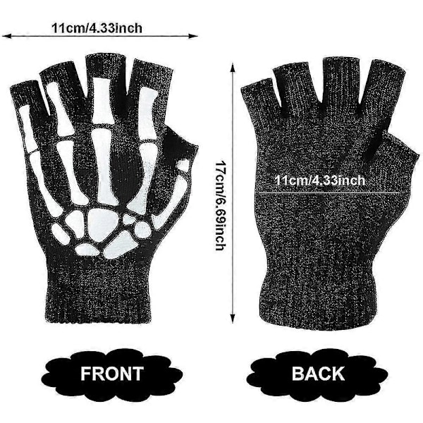 Unisex Skelett Dödskalle Halvfingerhandskar Självlysande Halloween Stickade Vantar Present