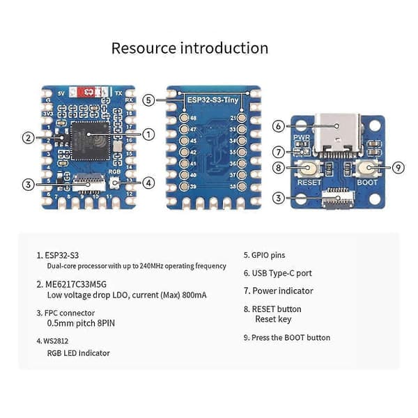 Esp32-s3-tiny Utviklerkortsett + FPC-kabel Bluetooth Le + 2.4g Wifi Esp32-s3fh4r2 Esp32-s3 Mini Utviklerkort