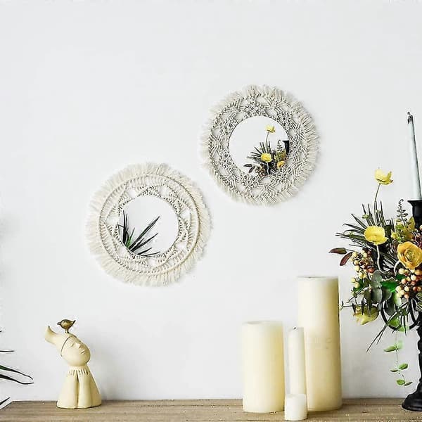 Set med 2 handgjorda väggspeglar med rund tofs för lägenhet, vardagsrum, sovrum, sovrum, modern heminredning