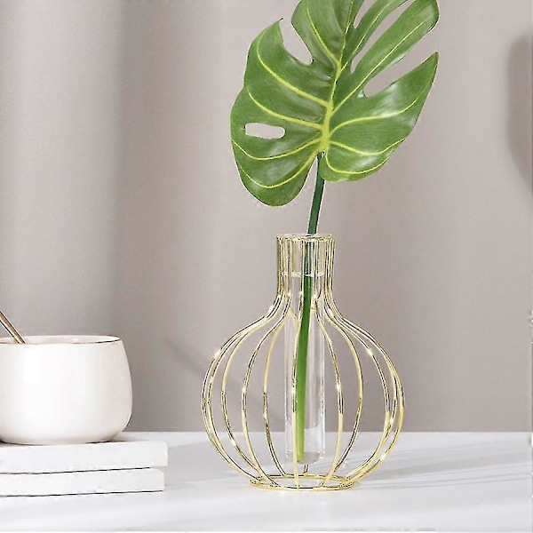 Glasblomstervase med metalramme, reagensglasvase til hydroponisk plante, vase køkken kontorbord To6417242331870