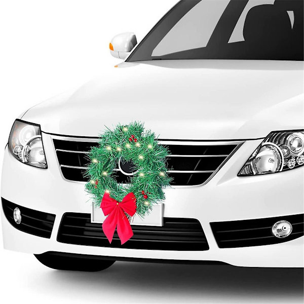 Julekrans til bil, lastebil, SUV med LED-lys, dekorasjon til grill, bil, allværs, vinter