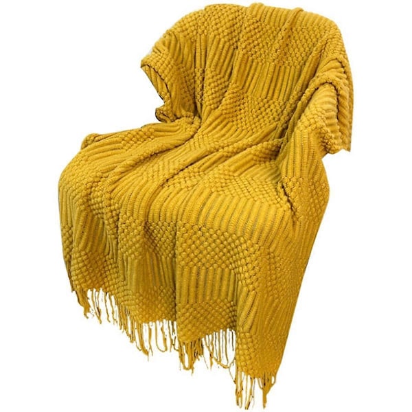 Strikket pledd for sofa, seng og divan Supermykt pledd med dusker Koselig hjemmeinnredning Gul