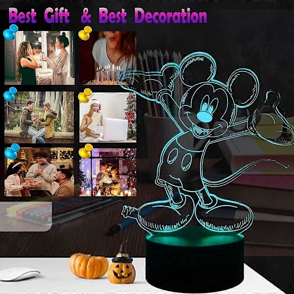 SBSG Mikke Mus Minnie Mus 3D Nattlys 16 Fargeskiftende Auto-Flash LED Skrivebordslampe Leker