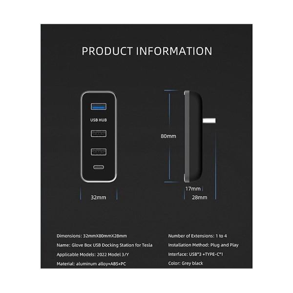 USB Hub 4 i 1 dockningsstation Handskbox Splitter Förlängningsadapter Snabbladdare Autotillbehör F