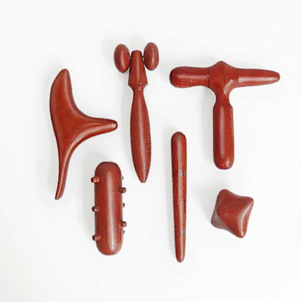 Set 6 st. Traditionell thailändsk massage träpinne verktyg hand huvud fot ansikte kropp massage verktyg massageapparat rött trä (6 st, rött)