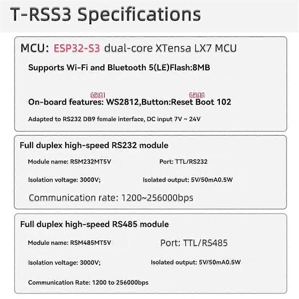 T-RSS3 ESP32-S3 Udviklingskort RS232 RS485 5V Modul On-Board