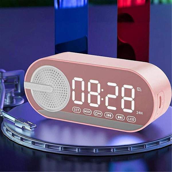 Bærbar Bluetooth-høyttaler med digital klokke, fargerikt nattlys, dobbel vekkerklokke, speil, subwoofer, rosa