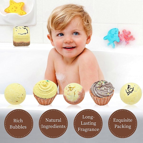 6 Stykker Spa Badebombe Fizzies med Eteriske Oljer for Kvinner og Jenter, Cupcake & Hjerte Design, for Jul, Bursdag, Gaver Brun