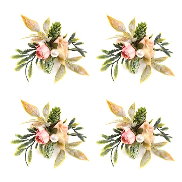 Dubbla servettringar set med 4, rosa blomma servettringar med bär och gröna blad Handgjord servett