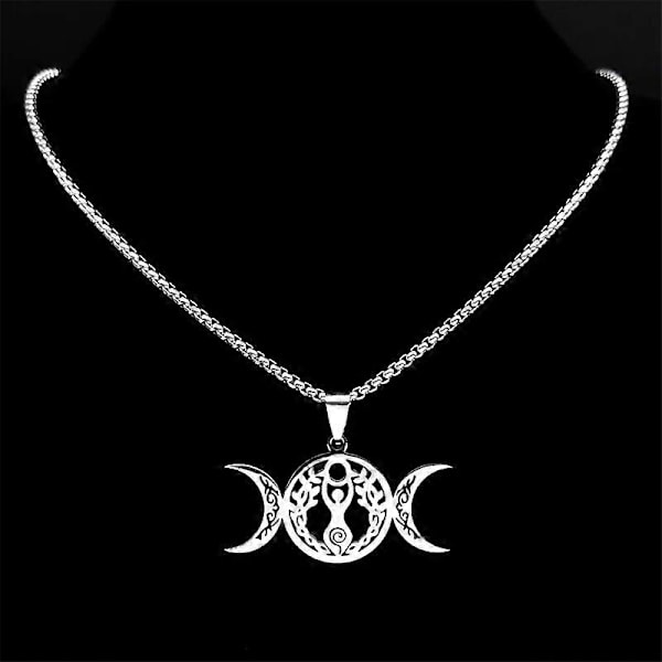 Häxa Trippel Mån Gudinna Luna Halsband för Kvinnor Män Rostfritt Stål Silverfärgad Amulet Hecate Kedja Smycken collier N9736S02