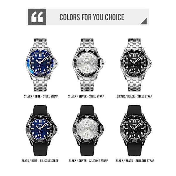 Trend Nautisk Roterbar Bezel Vannbestandig Eco Glow Dato Business Sport Stil Mote Herreklokke De Cuarzo 9276 SVART BLÅ SILIKON