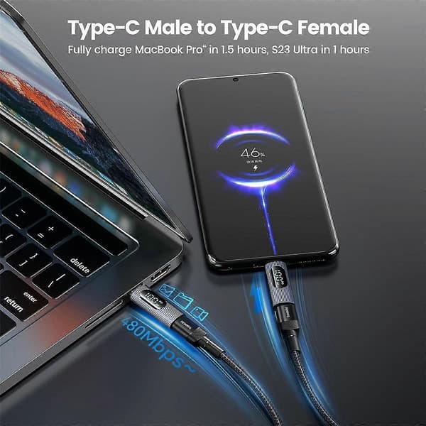 2 st USB-C-adapter, 100W USB-C hona till USB-C hane förlängningsadapter Typ C strömmeter testare med digital display