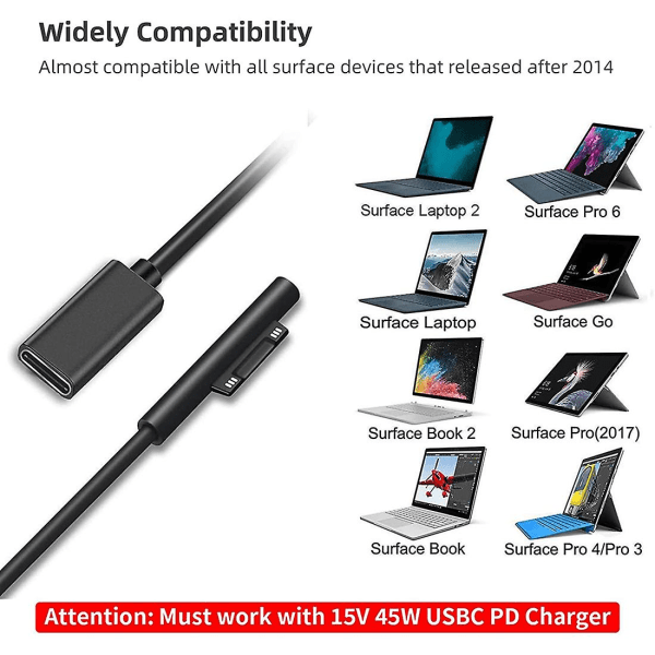 Surface Connect till USB-C-laddningskabel Kompatibel för Surface Pro7 Go2 Pro6 5/4/3 Laptop1/2/3 & Surface Book