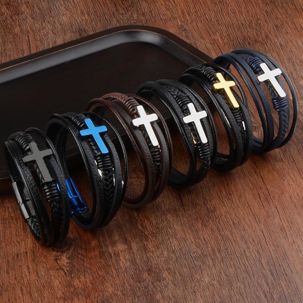 Klassisk Design Kryss Armbånd Menn Ekte Lær Rustfritt Stål Magnet Lukking Charms Hånd Armbånd Homme Menn S Julegaver