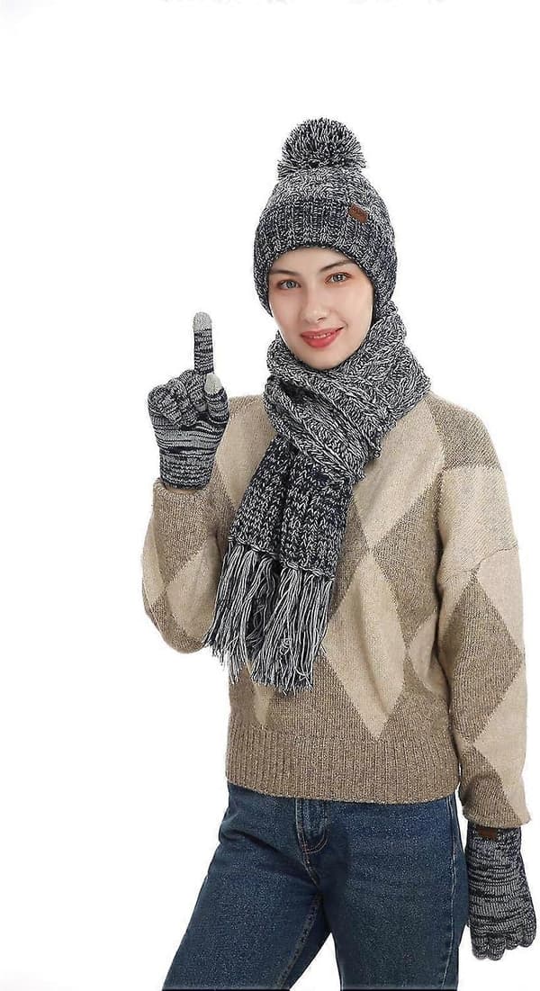 WJTG Vinterhue, Halstørklæde og Touch Screen Handsker 3-Delt Sæt Strikket Tyk Foret Hue Varm Bib Dame'SJ