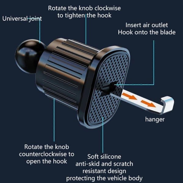 Universal Krok Bilholder Feste Stativ Brakett Luftventil Mobiltelefon Vugge Klips Dark Black Smooth Surface