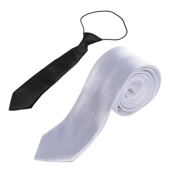 2 stk unisex afslappet slips Skinny Slank smal halsslips, ensfarvet hvid og ensfarvet sort