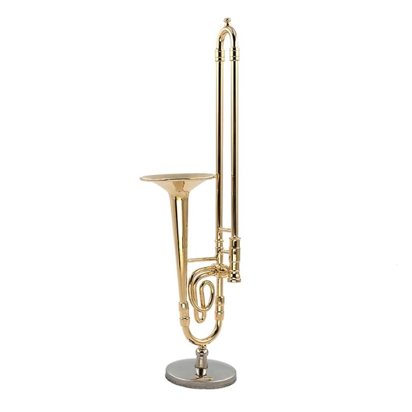 12cm Miniatur Trombon Model i Rent Kobber med Støtte - Mini Musik Instrument Model med Sort Læderæske