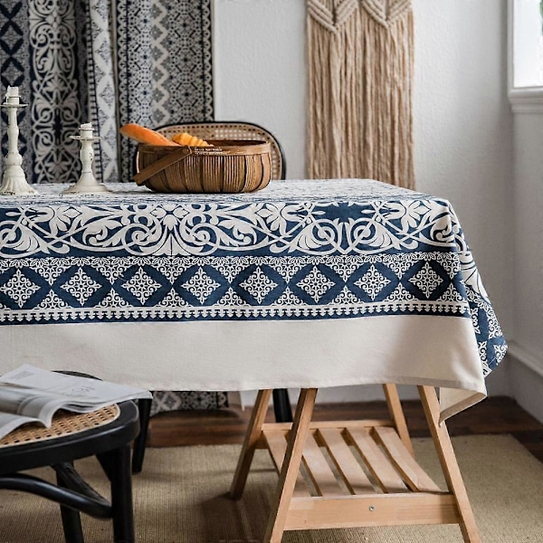 Bordduk, 100% bomull og lin Boho rektangulær duk, håndblokktrykt blomstrete duk for spisebordsselskaper, bryllup, jul, utendørs,