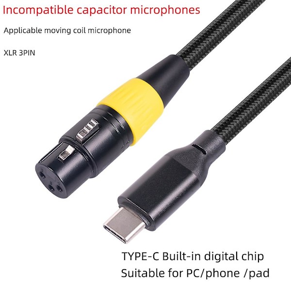 USB-C - XLR-naaraskaapeli, tyypin C uros - 3-nastainen XLR-naaras, mikrofonikaapeli, tietokoneen äänentoisto
