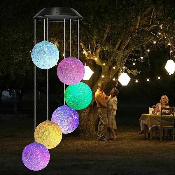 Solcellsdriven vindspel med LED, färgstark gradient, utomhus, trädgårdsdekoration, stämningsfull ljuskrona