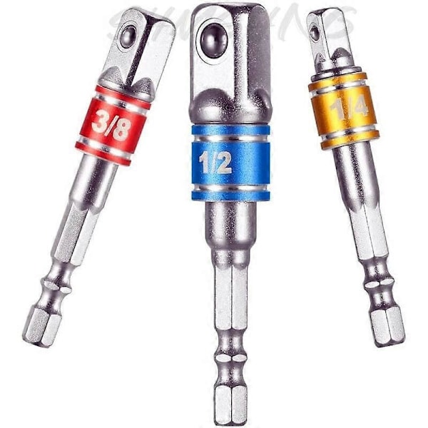 Topadaptere til boremaskine/slagboremaskine. Sæt med 3 firkantede chuck-adaptere 1/4\", 1/2\", 3/8\" i kromvanadium