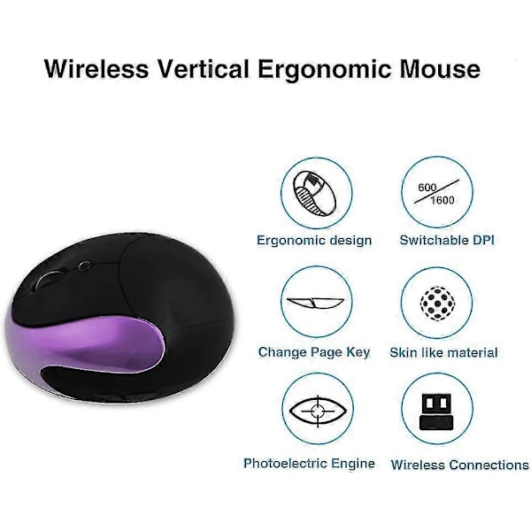 Trådløs mus, 2,4g Vertikal Ergonomisk Usb, Nano-modtager, Genopladelig, Justerbar Dpi 800/1200/1600/2400 (lilla)