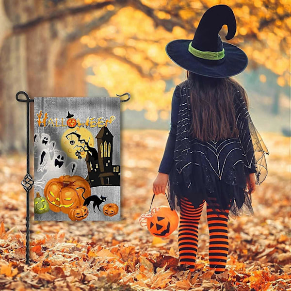 Halloween-puutarhalippu, pystysuora, kaksisivuinen, pellavaa, kurpitsat, pihalippu