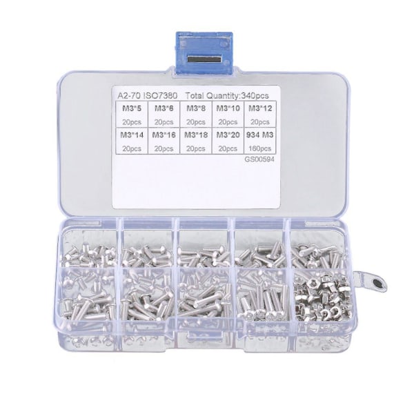 340pcs M3 Hex Socket Screw Nut Stainless Steel M3 Screws Nuts Assortment Kit Fastener