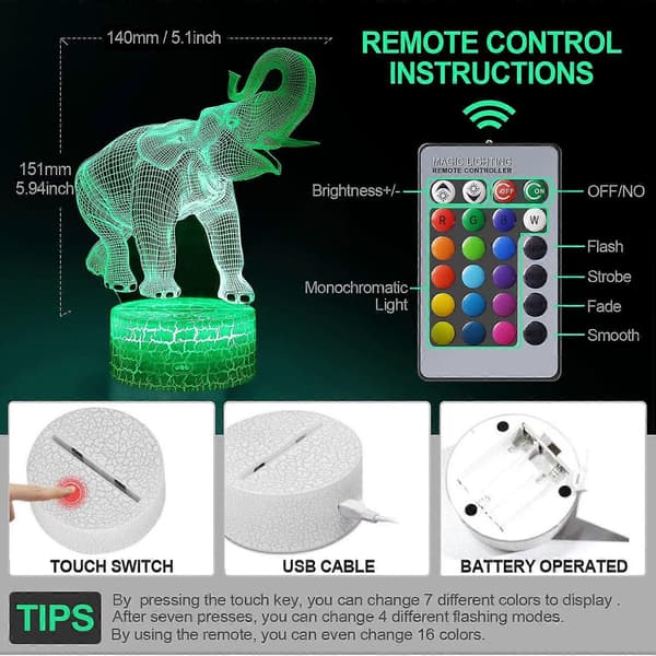 SBSG Elefant 3D Illusjonslampe, 3D Nattlys for Barn, Elefantgave