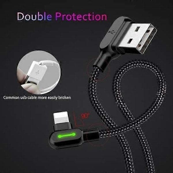 Vinkel USB-kabel med LED-lys, 90 graders nylonladekabel, reversibel USB-hurtiglader, data synkroniseringsladeadapter, fungerer med iPhone